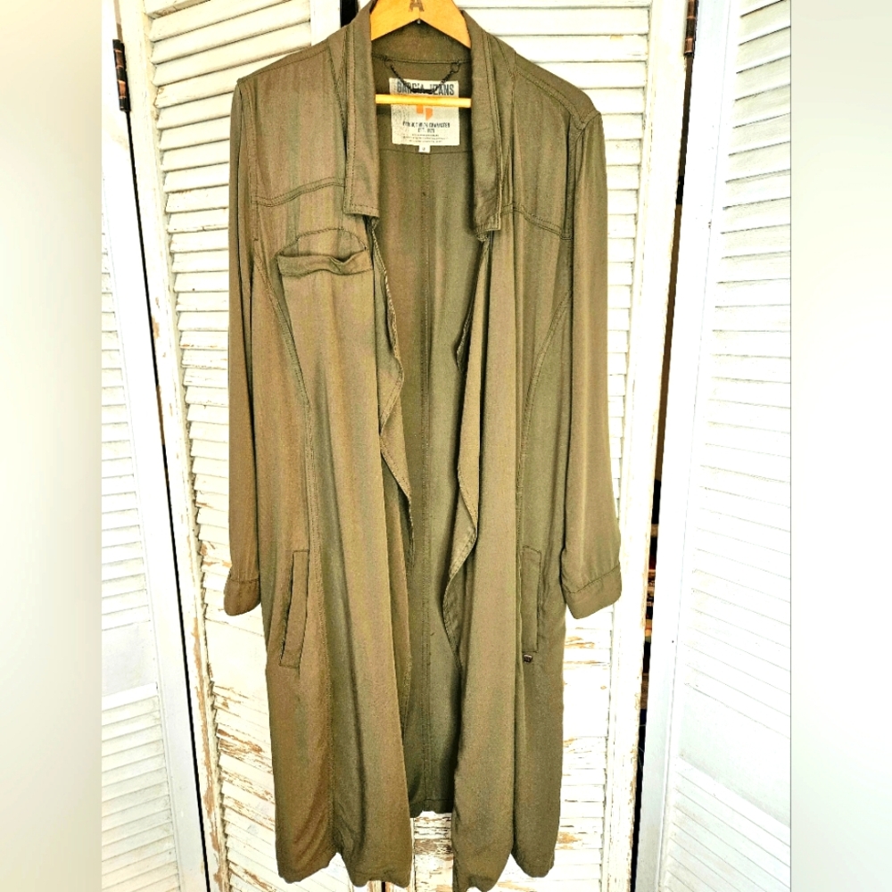 Garcia Jeans Olive Green Flowy Rayon Open Front Trench Coat Medium